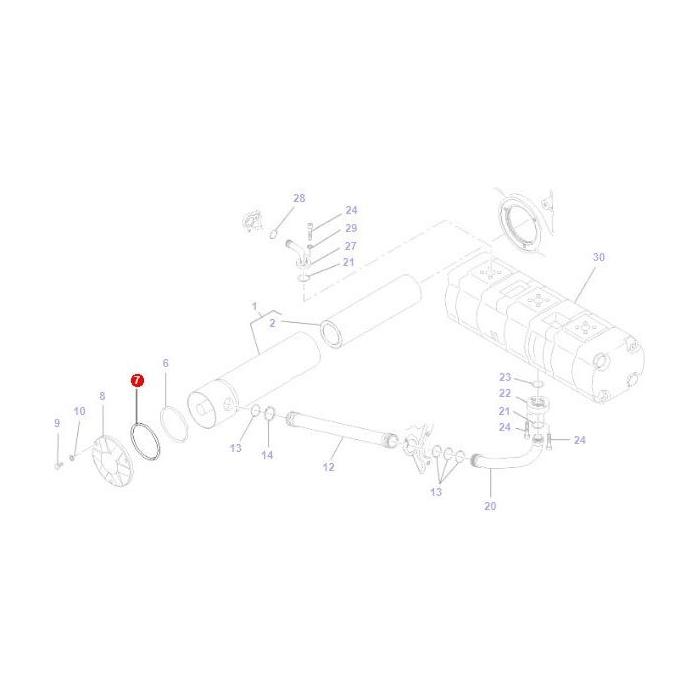 Exploded view of a mechanical assembly with numbered parts, including gears, bolts, and cylindrical components. Part number 7 is highlighted in red. Ideal for Fendt - O Ring Filter - X548989201000 by AGCO enthusiasts.