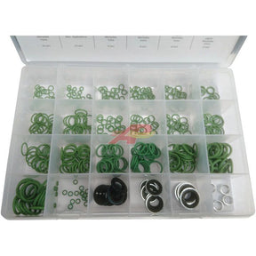 A Sparex O Ring Kit (Sparex Part No. S.153100) contains 424 pieces of various sizes of green and black O-rings, as well as common sizes of metal washers, all neatly housed in a compartmentalized plastic box.