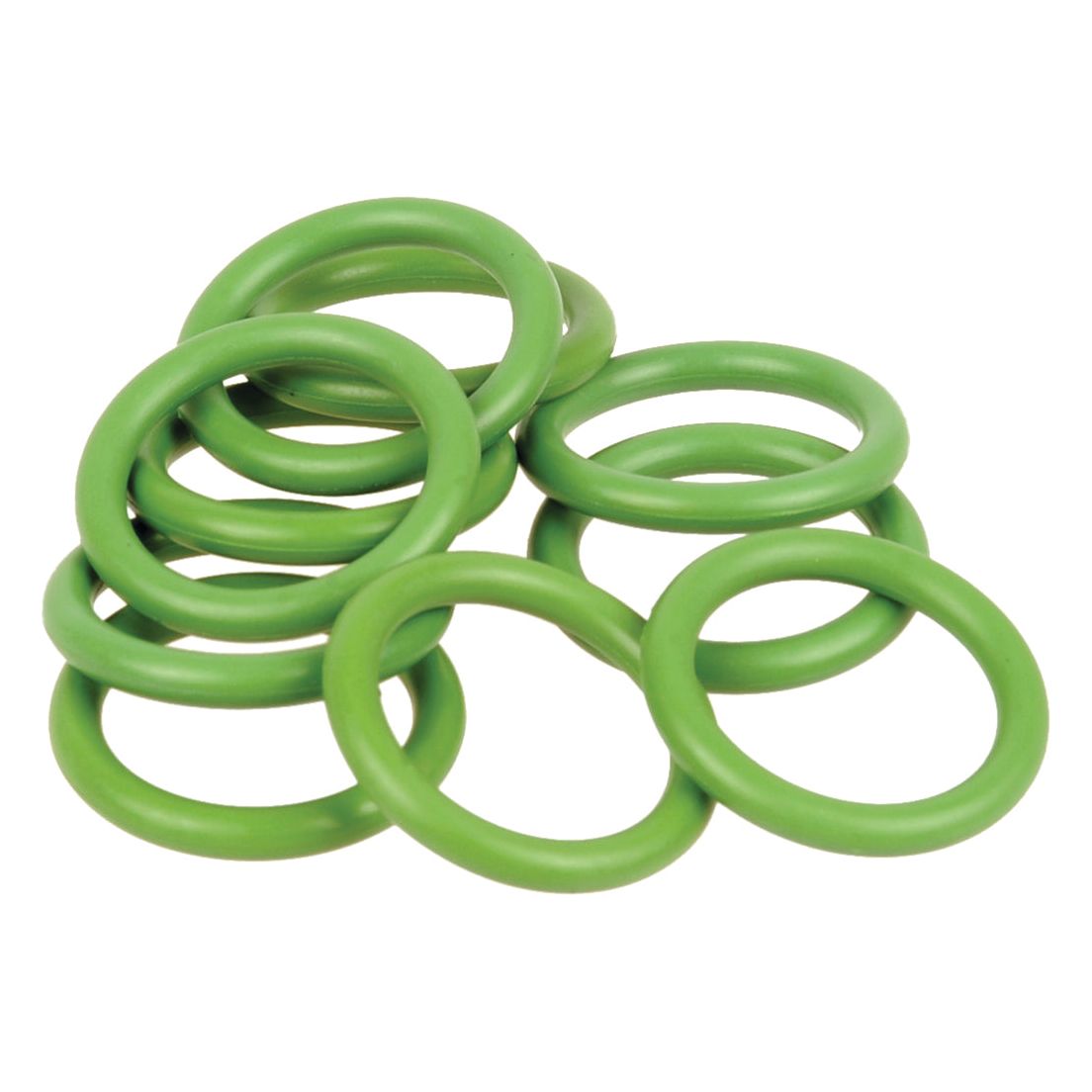 A pile of ten green O-rings from the O' Ring Pack, 20.22 x 27.28 x 3.53mm (Sparex Part No.S.106856) overlap one another against a white background.