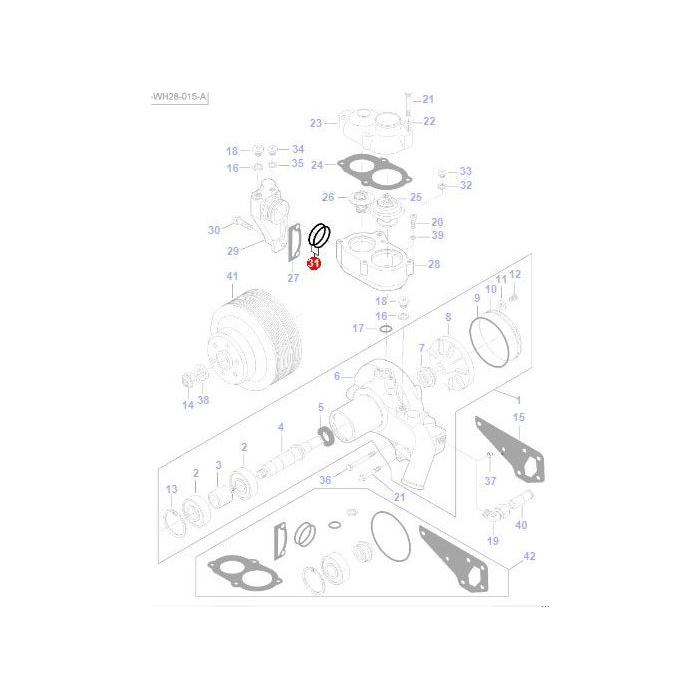 Exploded diagram of a Massey Ferguson tractor mechanical assembly featuring the AGCO-branded O Ring Thermostat Housing (V614604958), complete with numbered parts and corresponding labels, displaying various components such as gaskets, bolts, and a cylindrical structure.