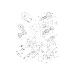 Exploded view of a mechanical assembly diagram, detailing various tractor parts including gears, shafts, and bearings labeled with numbers for identification, typically found in Massey Ferguson 200 Series tractors. Notably includes the AGCO branded Massey Ferguson O Ring Transfer Box (part number 3019463X1).