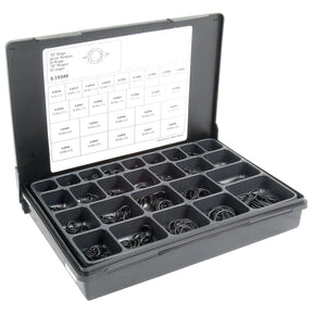 The Sparex O'Ring various 870 pcs Compak (Sparex Part No. S.19340) is a black plastic organizer box with compartments that contains an assortment of Metric and Imperial O-rings in various sizes, accompanied by a lid chart that lists the sizes and relevant information.