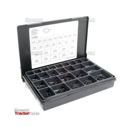The Sparex O'Ring various 870 pcs Compak (Part No. S.19340) is a black plastic organizer box featuring multiple compartments with assorted sizes of O'Rings. For easy identification, there is a reference chart attached to the inside of the lid that includes both Metric and Imperial measurements.
