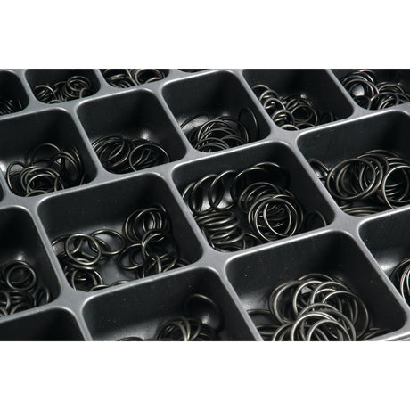 The Sparex O'Ring Various 870 pcs Compak (Sparex Part No. S.19340) is a compartmentalized tray with a selection of black rubber O'rings in both metric and imperial sizes.