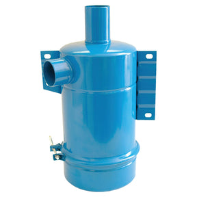 A bright blue metal cylindrical object with two side-mounted brackets, a vertical top port, a horizontal side port, and a small latch at the bottom. The Oil Bath Air Cleaner (Sparex Part No. S.61385) from Sparex features a 2 1/4 inch inlet, perfectly designed to fit Ford New Holland machinery.