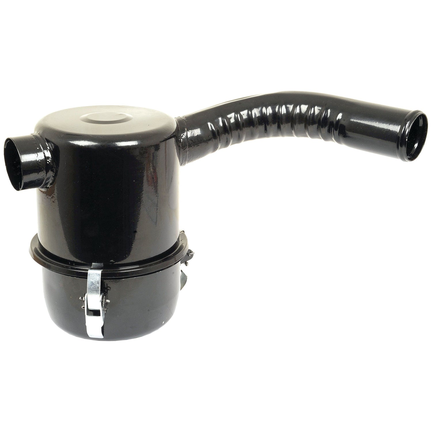 A Sparex Oil Bath Air Cleaner, Part No. S.69827, features a black cylindrical design with a long, flexible intake pipe attached to one side and a latch-secured bottom compartment.