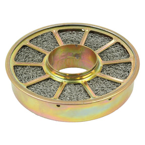 The Oil Bath Element - S.67576 by Sparex is a round metallic scrubber housed in a gold-colored metal casing with an open center, featuring a 50mm outer diameter.