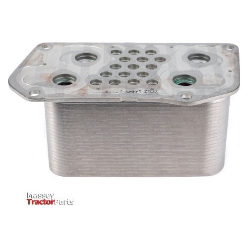 Product Description: AGCO’s Massey Ferguson Oil Cooler - F733200510020, a rectangular metal device featuring multiple circular openings, specifically designed for use as a tractor cooling system component, and adorned with the "Massey Tractor Parts" logo in the bottom left corner.