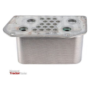 Product Description: AGCO’s Massey Ferguson Oil Cooler - F733200510020, a rectangular metal device featuring multiple circular openings, specifically designed for use as a tractor cooling system component, and adorned with the "Massey Tractor Parts" logo in the bottom left corner.