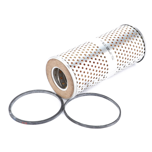 Massey Ferguson - Oil Filter - 1882916M91 by AGCO, a cylindrical perforated metal air filter with two accompanying gaskets, designed for an 87mm engine, placed on a white background.