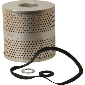 Cylinder-shaped oil filter with perforated metal casing, rubber belt, washer, and gasket, compatible with Fleetguard LF550 Ford/New Holland tractors. Labeled as Oil Filter - Element - LF550 | Sparex Part No.S.76502 by the Sparex brand, isolated on a white background.
