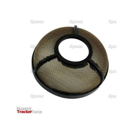 Circular metal mesh filter with a central black ring, used in tractor machinery. The background features faint "Sparex" logos. "Massey Tractor Parts" text is visible in the lower left corner, indicating compatibility with Zetor tractors and other models needing a Sparex Oil Filter - Element (Part No.S.68563).