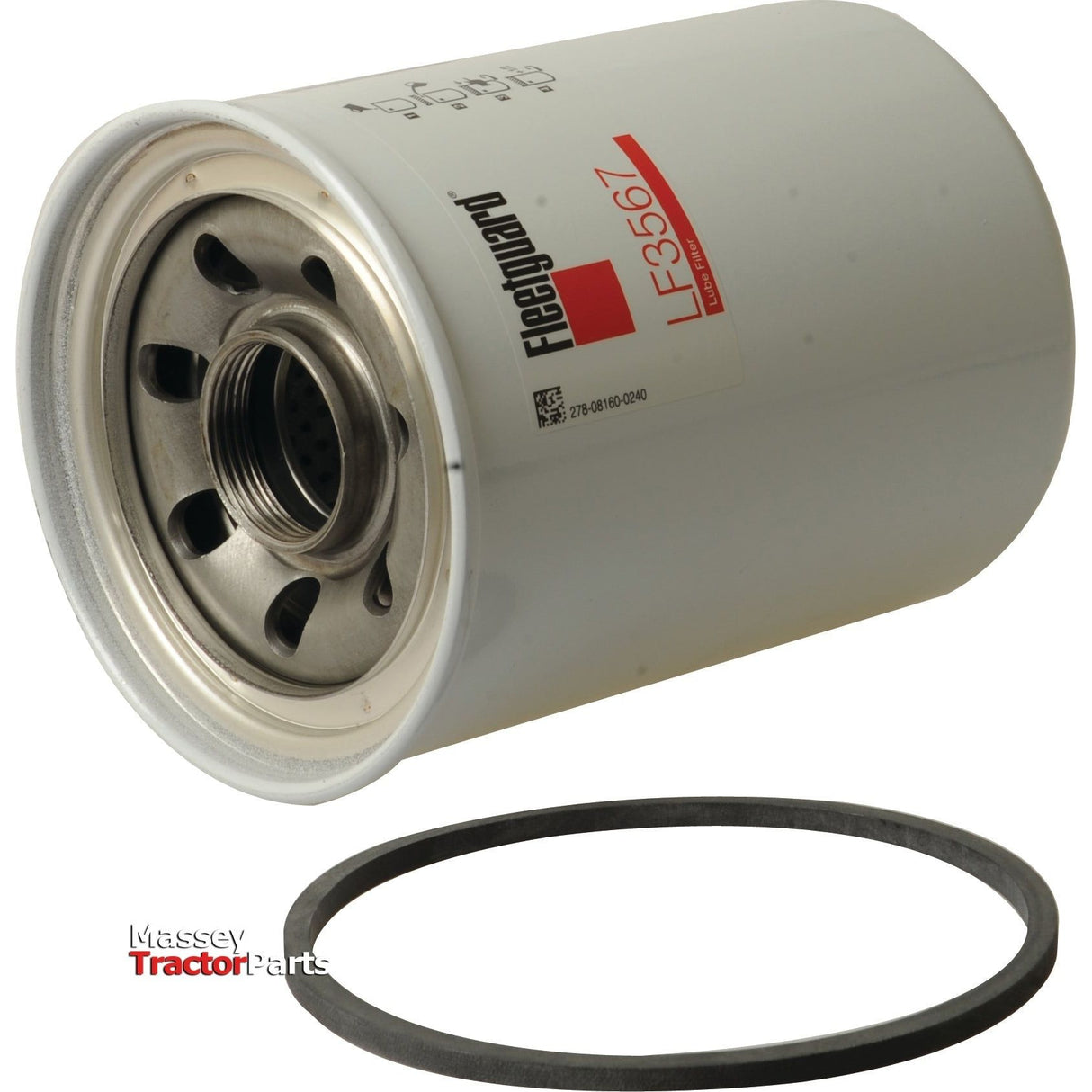 The Sparex Oil Filter - Spin On - LF3567 (Sparex Part No.S.76742) is a white, cylindrical filter featuring a silver metal top with multiple holes. A circular black rubber gasket is shown beside it. This high-performance and reliable filter is compatible with John Deere equipment.