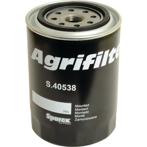 A black oil filter labeled "Sparex Part No. S.40538" is shown. The word "Mounted" appears in multiple languages below the label, with the brand name "Sparex" printed at the bottom.