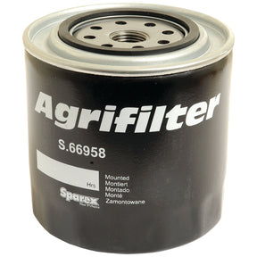A cylindrical black oil filter labeled "Sparex Part No. S.66958" in white text, with the bottom section displaying the Sparex logo, is a reliable choice for Ford New Holland equipment.