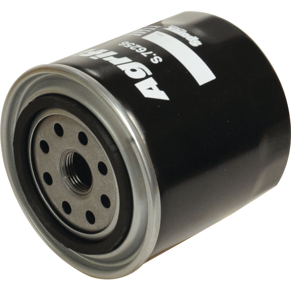 A Sparex Oil Filter - Spin On (Sparex Part No. S.76256) in black with a metallic bottom, featuring multiple holes and a central threaded hole for attachment, compatible with Case IH / International Harvester models.