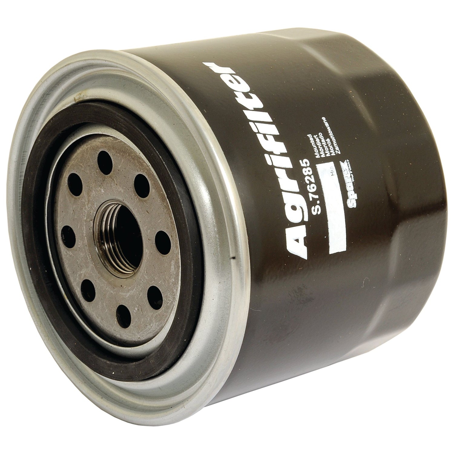 A black cylindrical oil filter with "Sparex S.76285" printed on it in white, compatible with Case IH models. The filter has multiple holes and a threaded center for attachment, making it an essential component in the Sparex range.