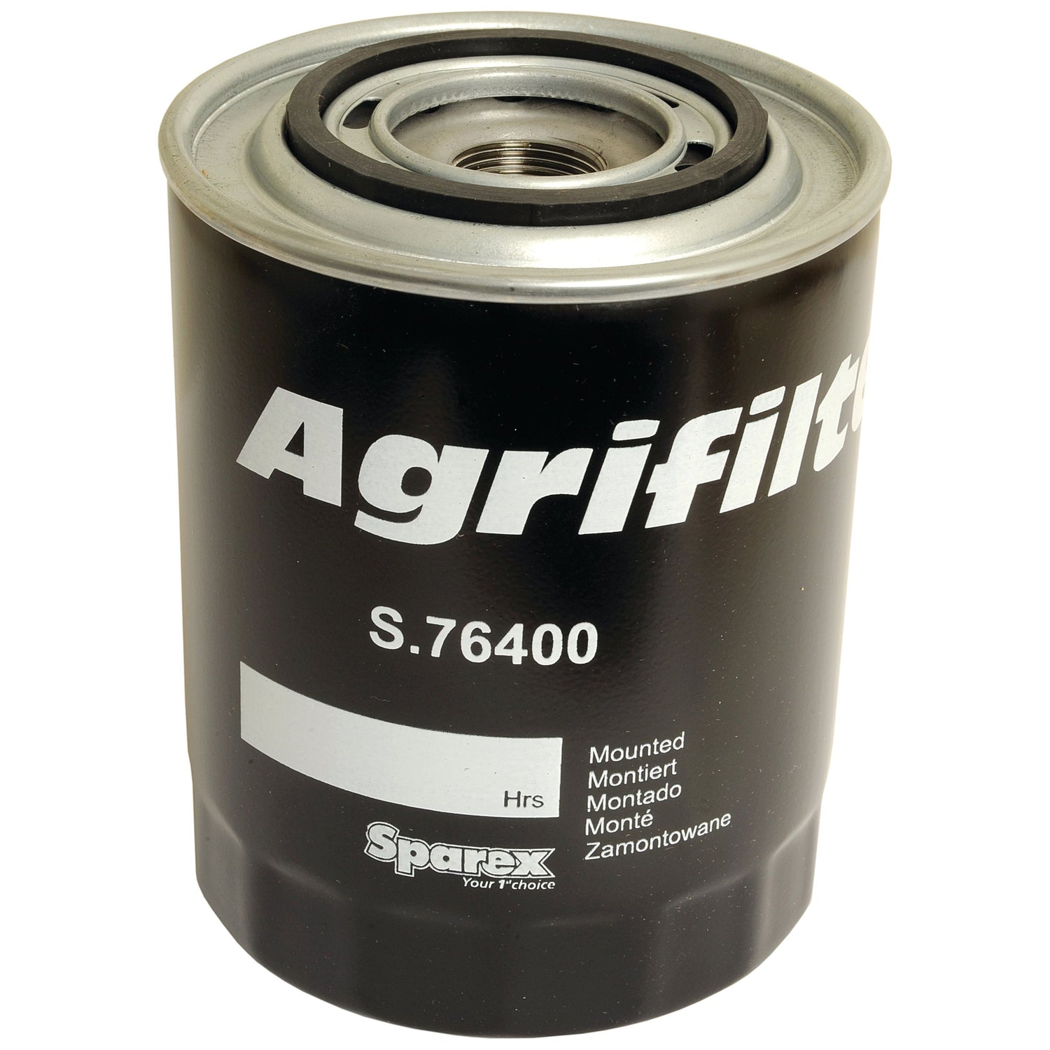 The Oil Filter - Spin On (Sparex Part No. S.76400) is a black cylindrical filter with "Agrifilter S.76400" printed on it. It features the word "Mounted" in various languages and carries the Sparex logo prominently. This reliable oil filter is compatible with Massey Ferguson and Case IH models, ensuring optimal performance for your machinery.