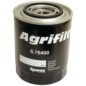 The Oil Filter - Spin On (Sparex Part No. S.76400) is a black cylindrical filter with "Agrifilter S.76400" printed on it. It features the word "Mounted" in various languages and carries the Sparex logo prominently. This reliable oil filter is compatible with Massey Ferguson and Case IH models, ensuring optimal performance for your machinery.