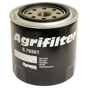A black Spin On Oil Filter (Sparex Part No. S.76501), designed for agricultural machinery and compatible with Ford/New Holland, from the Sparex brand.