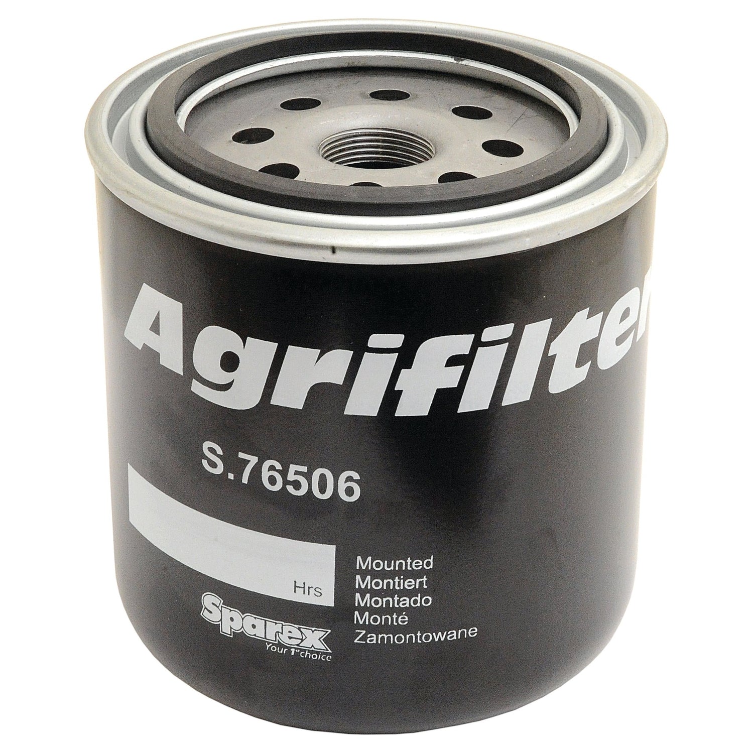 A black cylindrical oil filter labeled with "Sparex Agrifilter S.76506" and "Ford New Holland," featuring the product name "Oil Filter - Spin On" under the Sparex brand, includes comprehensive mounting instructions in multiple languages.