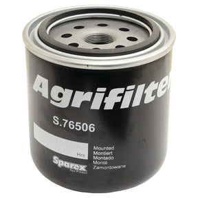 A black cylindrical oil filter labeled with "Sparex Agrifilter S.76506" and "Ford New Holland," featuring the product name "Oil Filter - Spin On" under the Sparex brand, includes comprehensive mounting instructions in multiple languages.
