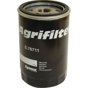 The Sparex Oil Filter - Spin On, part number S.76711, fits seamlessly into your Case IH machinery. Featuring a cylindrical design with a threaded opening, it boasts clear white text on a sleek black body for easy identification and dependable performance.