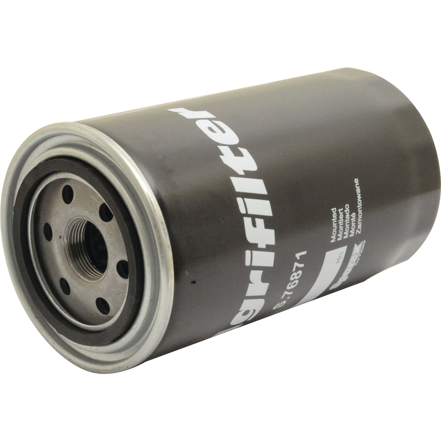 A cylinder-shaped oil filter, branded "Sparex," labeled with the part number S.76871, features a metal top with multiple threaded holes and a rubber seal.