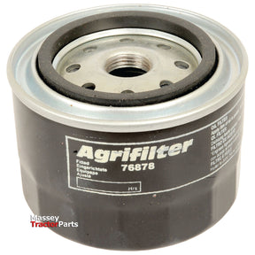 Image of a Sparex oil filter, model number S.76878, featuring a black cylindrical body with a metal top and multiple holes. The text "Massey Tractor Parts" is visible in the bottom corner, highlighting its compatibility as a Kubota tractor oil filter.