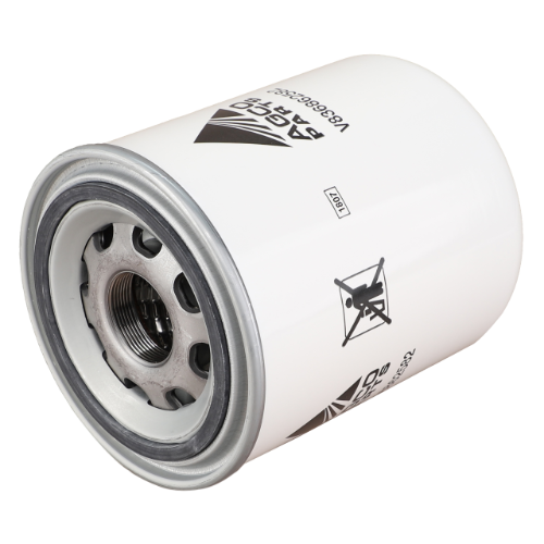 A white cylindrical automotive oil filter featuring various printed markings, including a recycling symbol, brand identification, and a serial number typically found on tractor parts under the name Massey Ferguson; this specific model is the AGCO-branded Massey Ferguson Oil Filter V836862582.