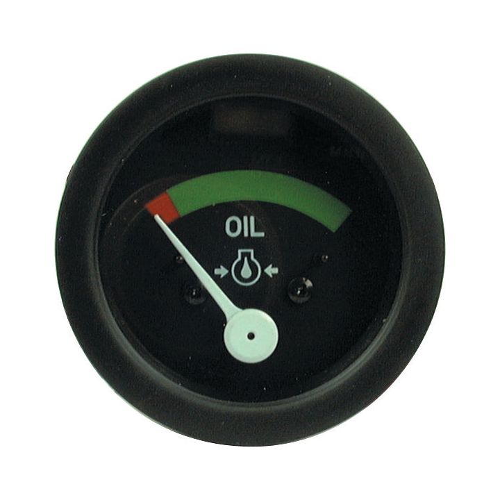A black analog oil pressure gauge by Sparex, featuring the classic design seen in 1953 to 1964 Ford / New Holland 4-cylinder types, prominently displays oil levels with the needle pointing towards the low (red) section, indicating low oil pressure. This product fits all 4-cylinder models from that era and is listed as Sparex Part No.S.61171.