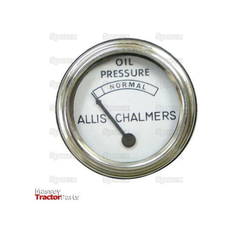 An Oil Pressure Gauge (Sparex Part No. S.68445) by Sparex, designed for Allis Chalmers tractors, featuring a needle indicating "Normal." The gauge is encased in chrome metal with clear labeling.