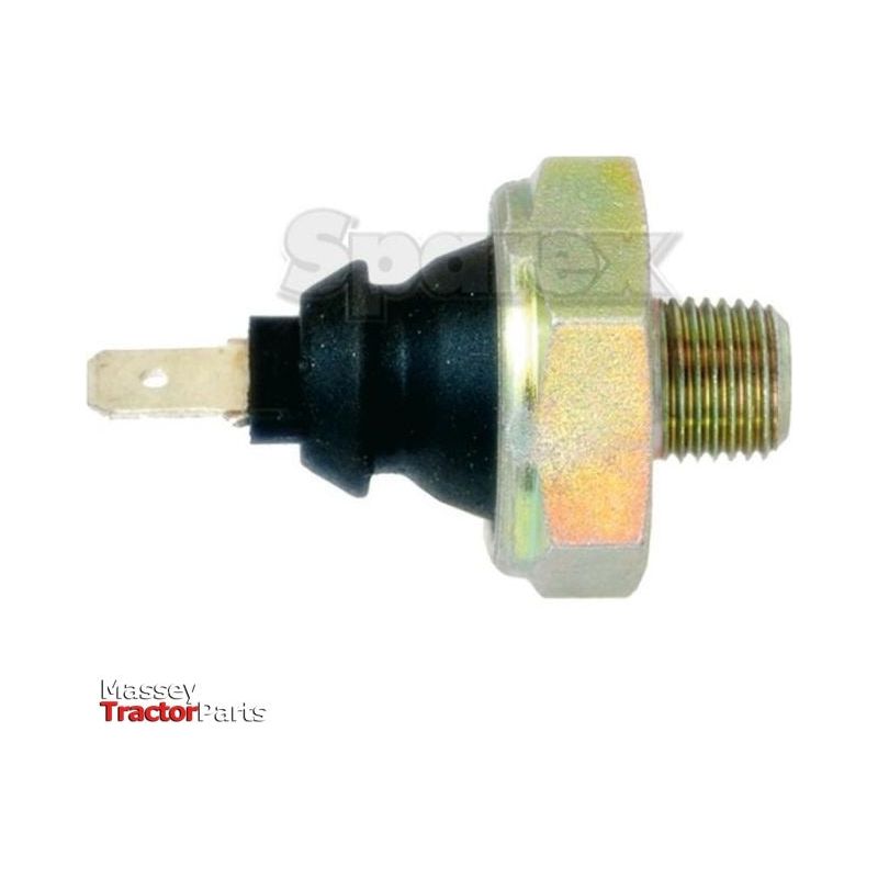 Close-up of a hex-shaped, metallic Oil Pressure Switch (Sparex Part No. S.68789) with a threaded part, a black plastic segment, and a flat metal tab protruding from one end, against a white background. The Massey Tractor Parts logo is visible.