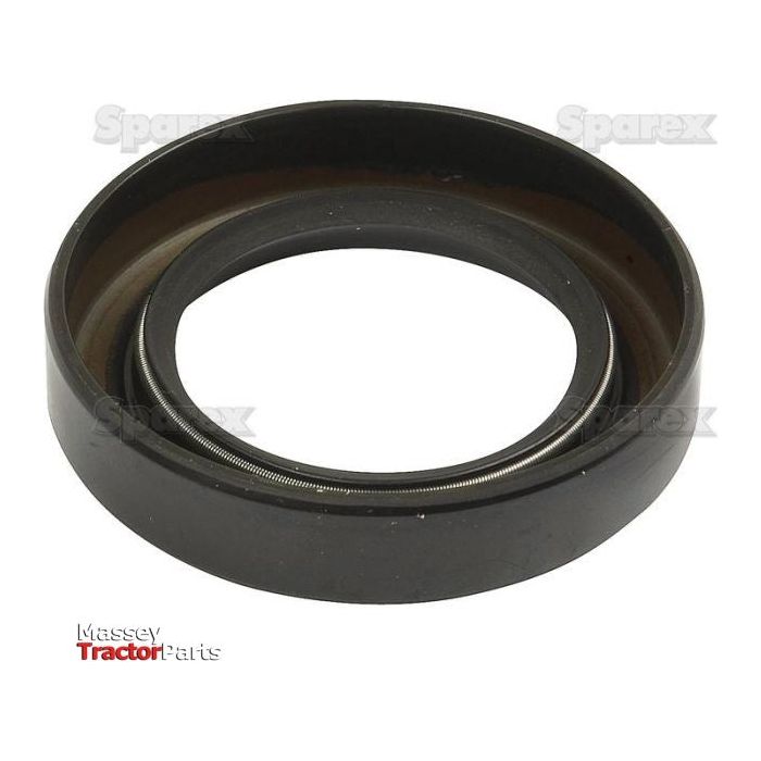 A black circular tractor oil seal, measuring 1 7/8 x 2 7/8 x 19/32, features a visible metal spring on the inner edge. The background watermark displays the "Sparex" text, while the "Massey Tractor Parts" logo is positioned at the bottom left corner. It is compatible with International Harvester front crankshaft seal specifications and identified as Sparex Part No.S.57673.