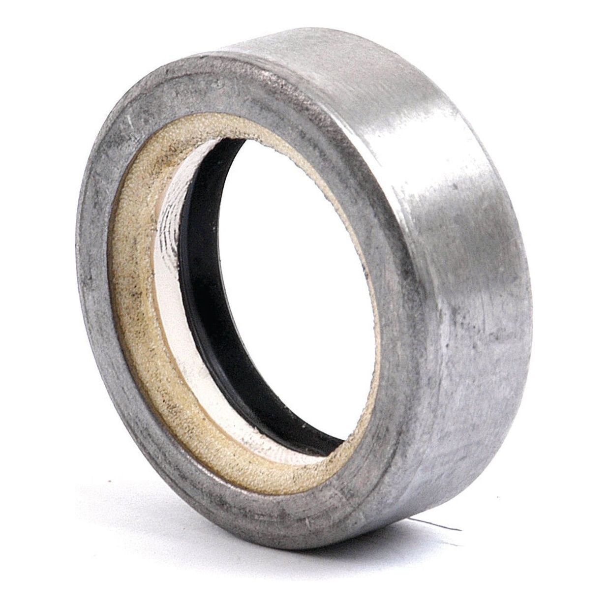 Close-up of a metallic cylindrical bearing featuring the Oil Seal, 30 x 42 x 14mm (Sparex Part No. S.57066), with an inner and outer ring, showcasing a hollow center and a slightly protruding beige seal inside. The worn, industrial appearance of the bearing is reminiscent of Case IH machinery.
