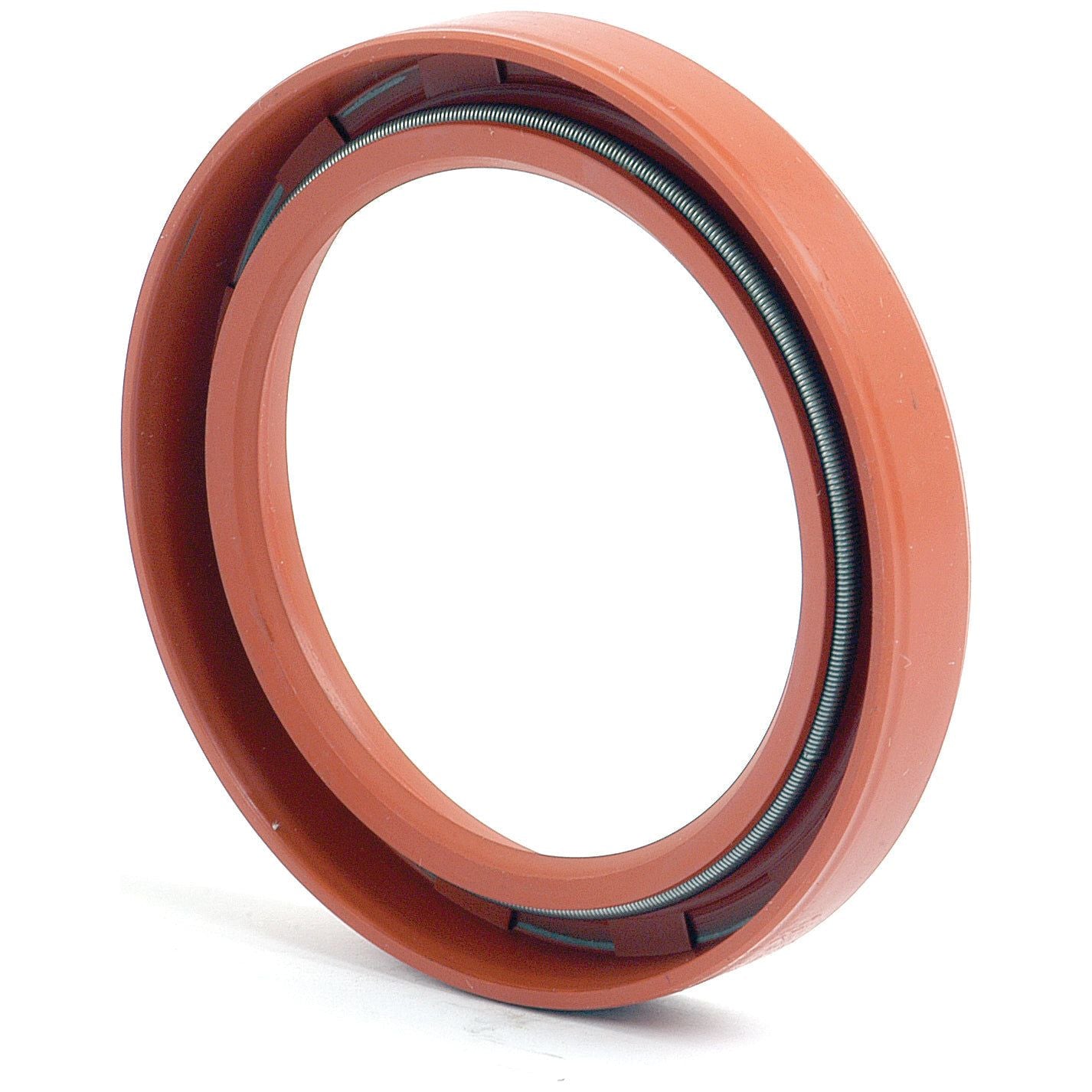 A red circular rubber seal with a metal spring coiled inside, marketed by Sparex as the Oil Seal 69 x 87.5 x 12.5mm | Sparex Part No.S.42926, is typically used in Massey Ferguson machinery and Perkins engines to prevent fluid leakage.