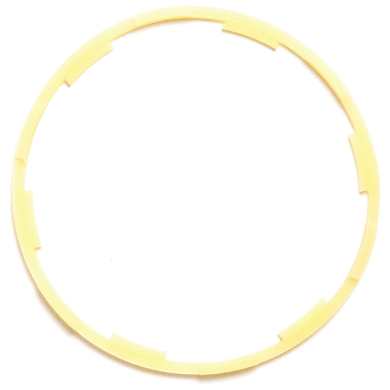 A round, flat, yellow plastic ring with evenly spaced notches around its inner edge, resembling the precision of a Sparex Oil Seal (94 x 100 x 1.6mm | Sparex Part No.S.73033), isolated on a white background.