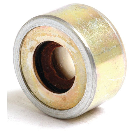 An oil seal for the governor shaft, branded as Sparex with part number S.43641, exhibits visible wear and consists of a round metal bearing with a central hole. It features an outer surface that is silver and gold-colored and a rusted inner ring, compatible with Massey Ferguson models and referenced under the original part number 825154M1.