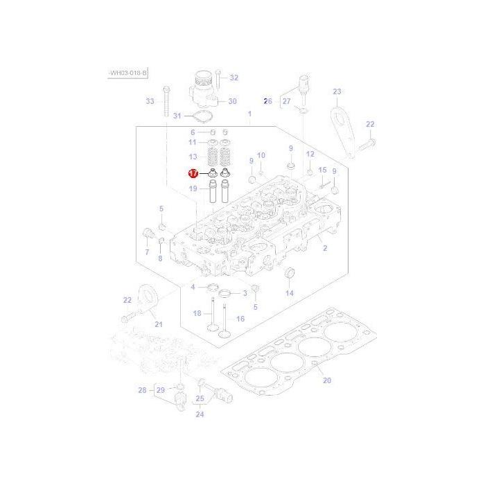 Exploded view of an engine cylinder head assembly, labeled with numbers identifying various components and their positions, featuring the Massey Ferguson Oil Seal Valve Stem (product code: 4226272M1) by AGCO for use in Massey Ferguson's 5400 Series.