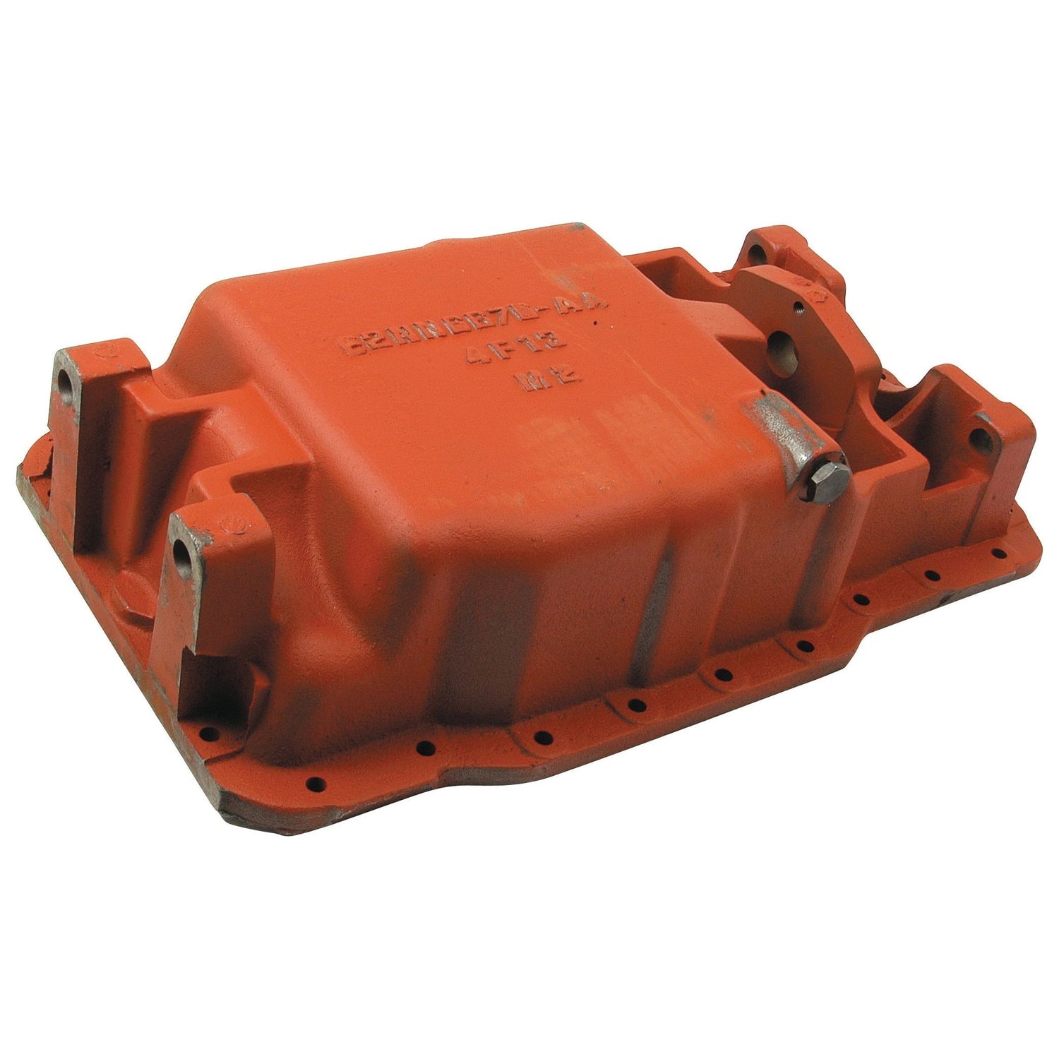 A Sparex Oil Sump in cast metal, painted orange, features mounting points and an embossed part number (Sparex Part No. S.60762), and is compatible with Ford New Holland vehicles.