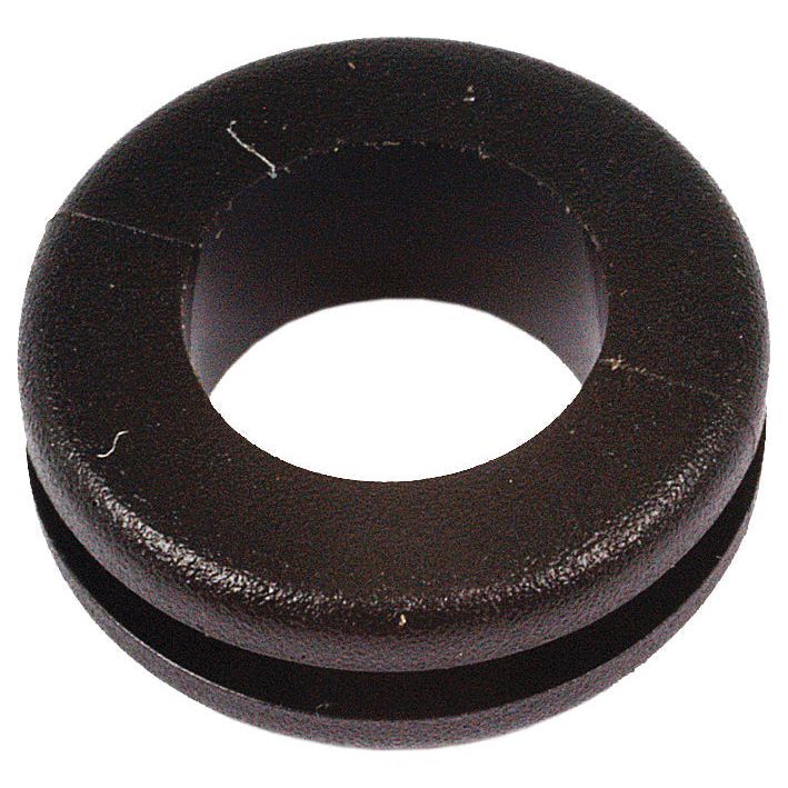 The Sparex Open Grommet Ø7/16'' x 1/16'' Groove (Part No. S.11334) is a round, black rubber grommet featuring a central hole and a circumferential groove, ideal for your durable sealing needs.
