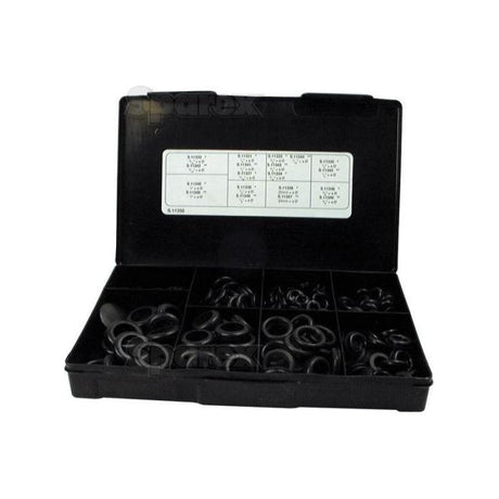 The Open and Blind Grommet Assortment (270 pcs.) Handipak by Sparex, Part No. S.11350, comes in a black plastic box with compartments and a label listing sizes. It includes open grommets for versatile use, making it ideal for any task requiring precision.