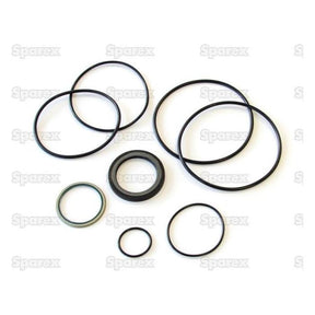 A collection of black O-rings and one metal ring of various sizes arranged on a white background, reminiscent of the Trale Orbital Motor Seal Kit OMH | Sparex Part No. S.153126. The image features repetitive watermark logos for "Sparex".