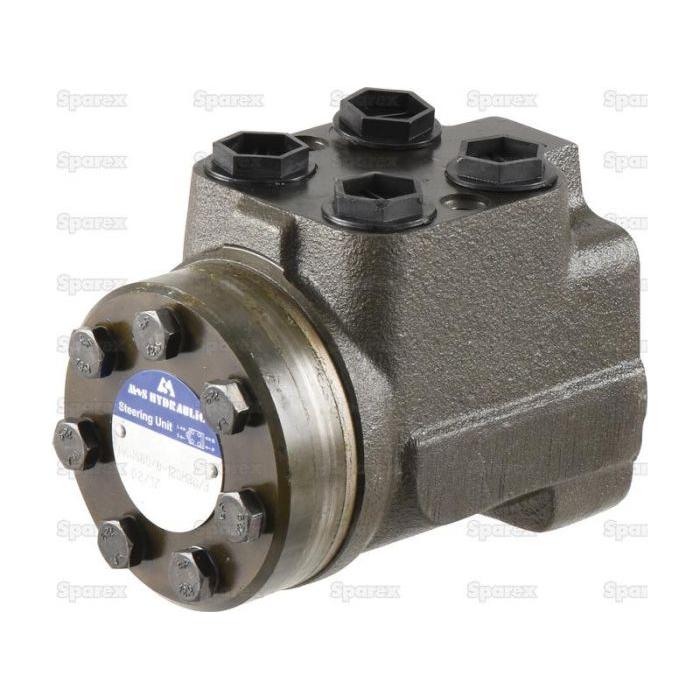 A close-up of an Orbital Steering Unit (Sparex Part No. S.107211) from Sparex used in Massey Ferguson Brazilian machinery displays the robust metal component, which features multiple bolts and a clear label on its side.