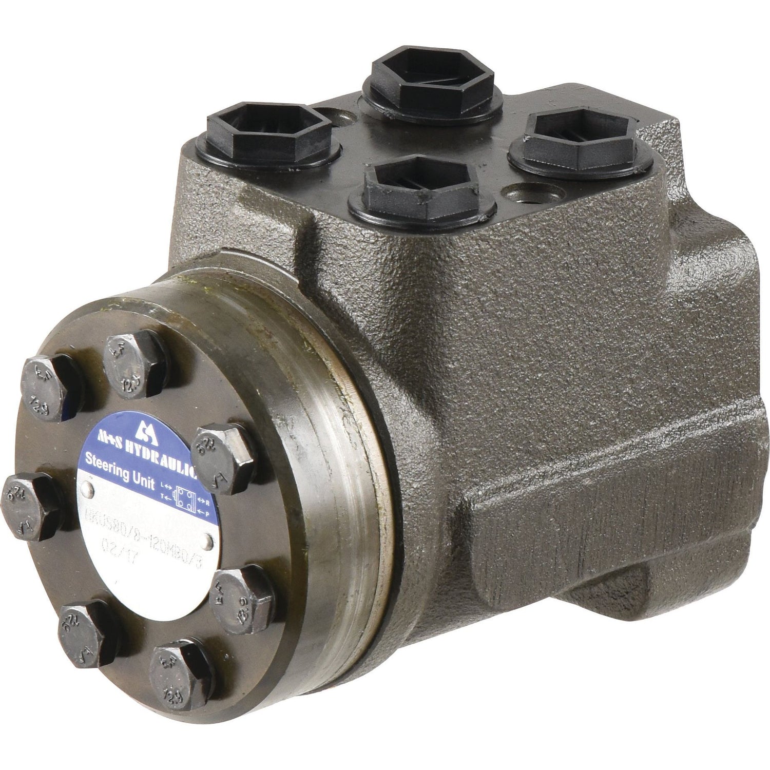 The Sparex Orbital Steering Unit (Sparex Part No. S.107211) is a gray hydraulic device featuring multiple black hex bolts and a manufacturer's label on one side, designed for compatibility with 2WD models such as the Landini 7830.