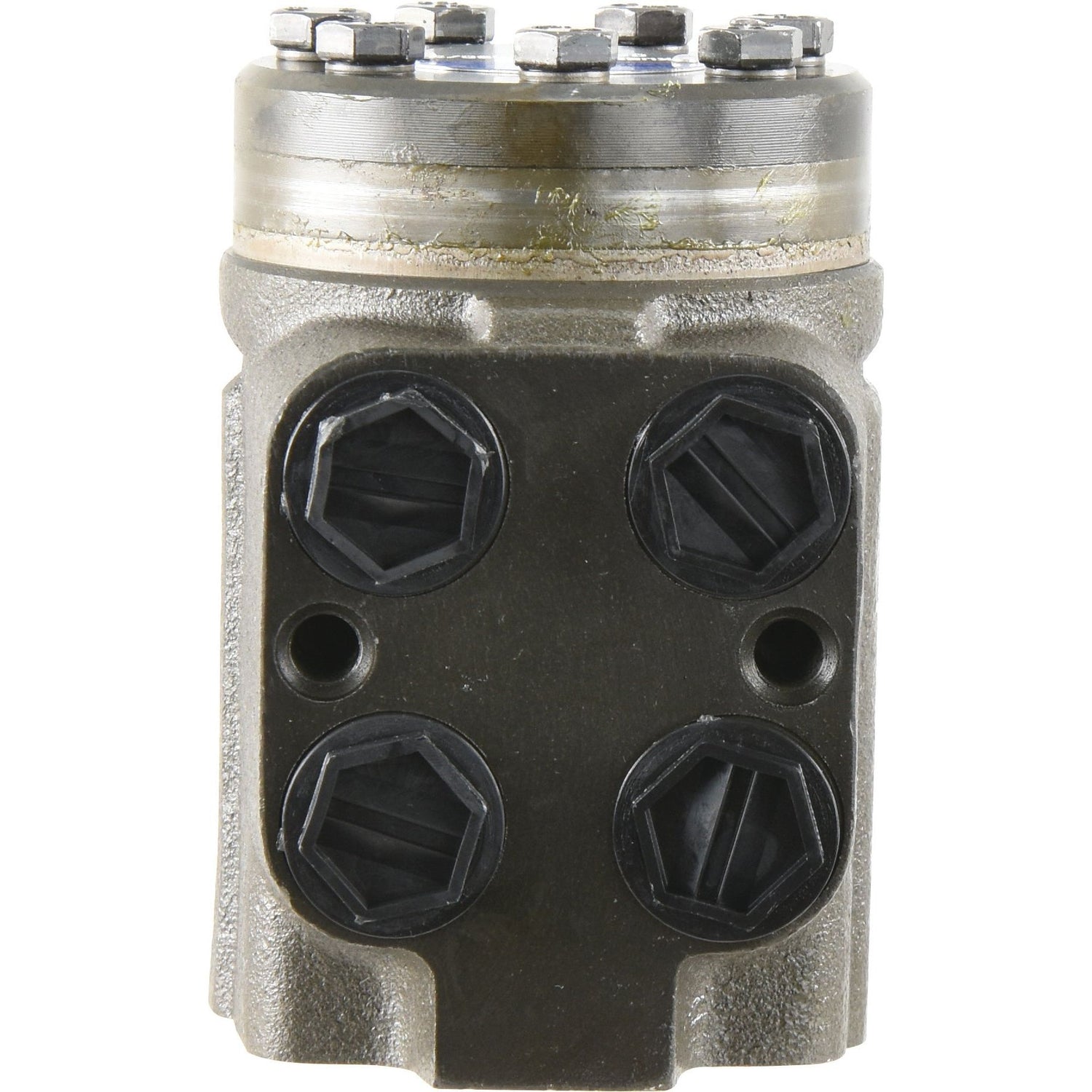 Here's a close-up view of the Orbital Steering Unit (Sparex Part No. S.107211) with four hexagonal bolts and two circular ports, specifically designed for the Massey Ferguson Brazilian series by Sparex.