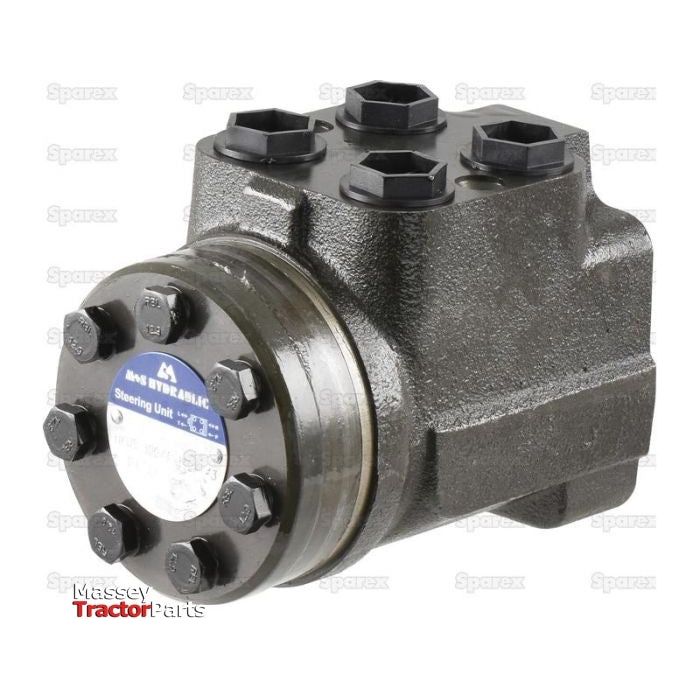 Image of an Orbital Steering Unit, a hydraulic component used in tractors, featuring metal bolts and a Sparex-branded label (Sparex Part No. S.42755).