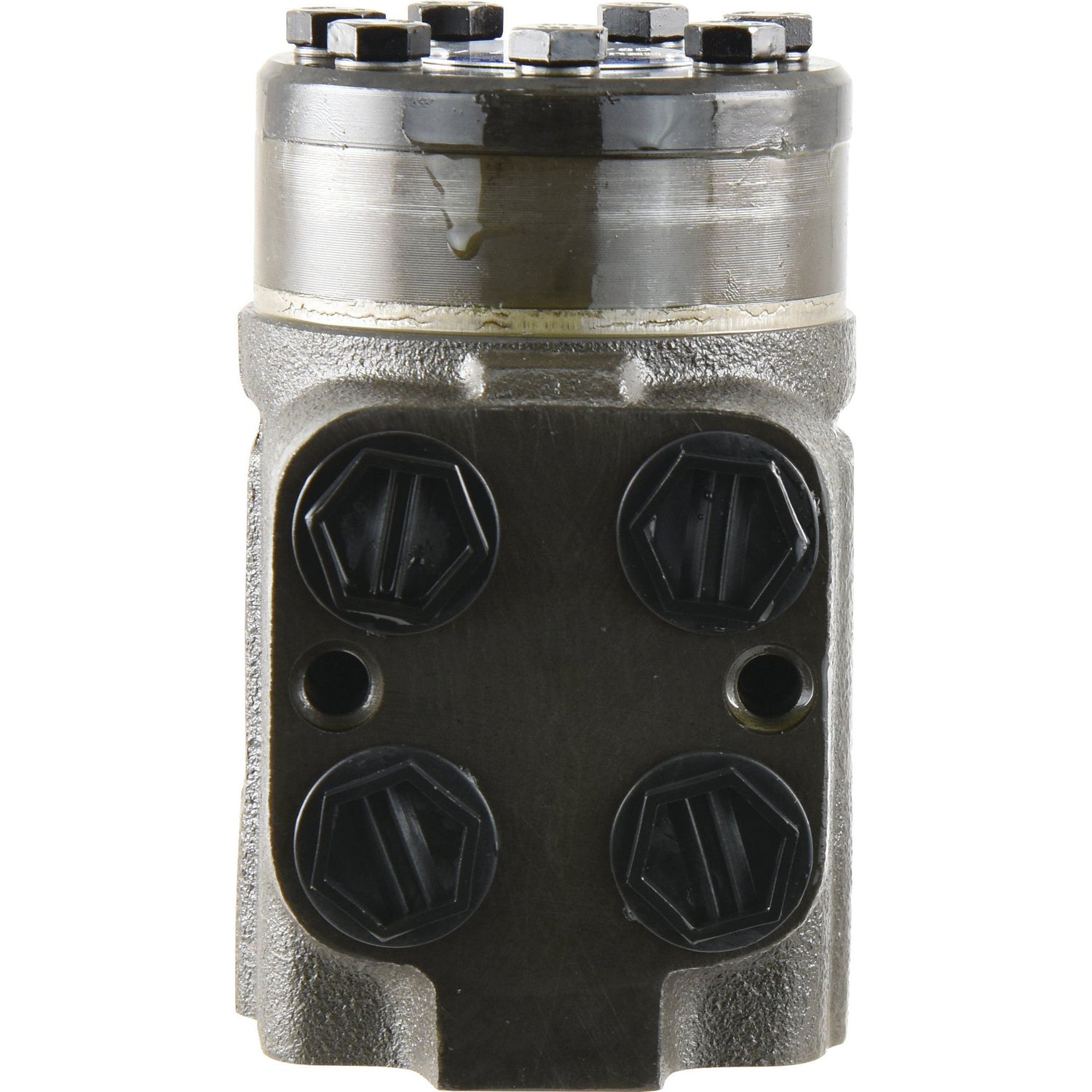 Introducing the Orbital Steering Unit by Sparex (Part No. S.69126), a metal hydraulic motor designed with a cylindrical top and a square base featuring four hexagonal bolts, making it an ideal replacement part for John Deere machinery.