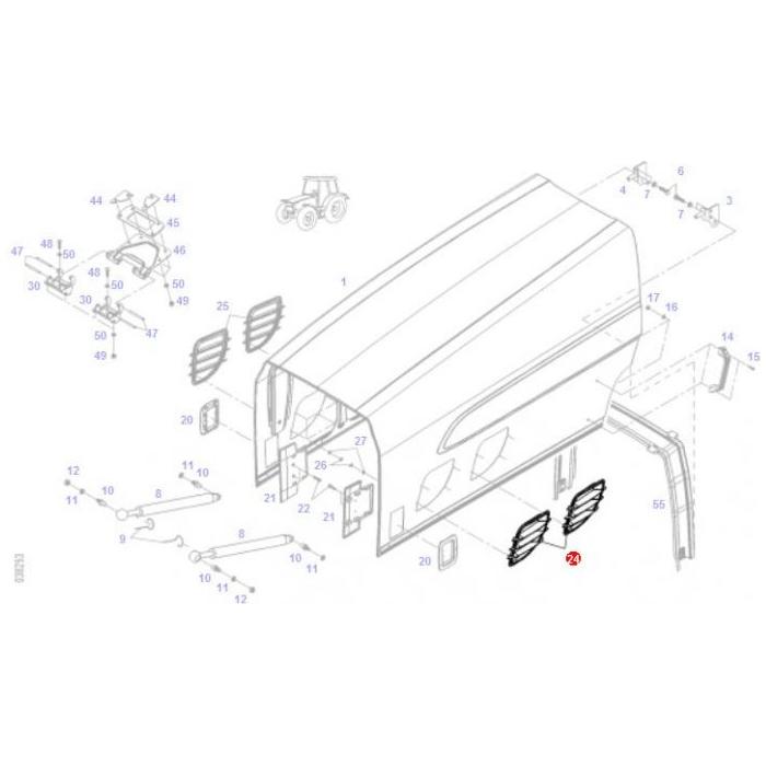 Diagram featuring parts of a vehicle cabin with numbered components, including windows, the frame, and various small parts. Item 21 is highlighted in red, showing details specific to Fendt Vario cabins and corresponds to the AGCO Fendt Orifice Plate (Product Number: 916501022390).