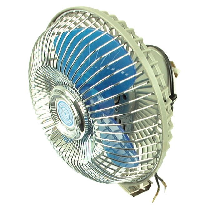 A small blue and white Sparex Oscillating Cab Fan 150mm Ø x 12v (Sparex Part No.S.18269) with a protective wire cage, designed to run on 12 volts, complete with an attached power cord.
